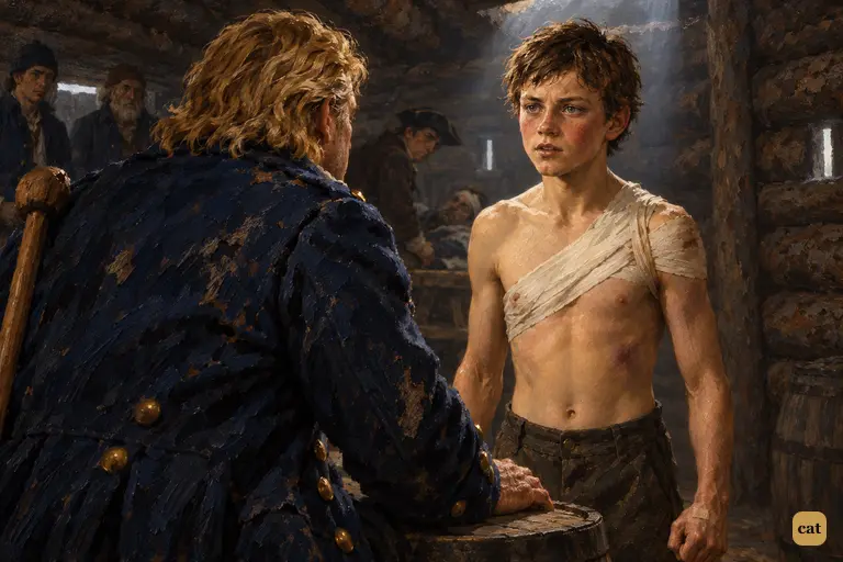 At dawn in the log-house, the boy gives his word of honour not to escape