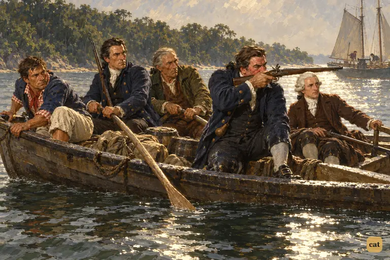 Squire Trelawney aims his musket as his companions lean out to balance the boat