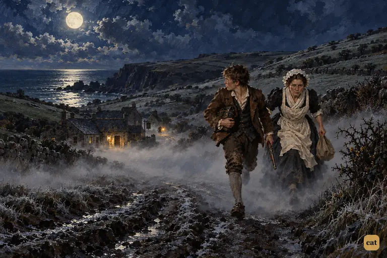 A thin ribbon of fog still hides Jim and his mother as they run toward the hamlet
