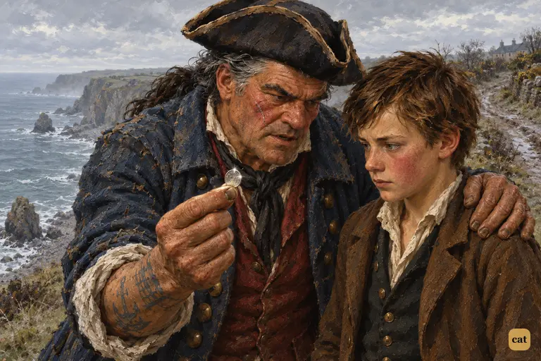 The captain offers the boy a silver coin to watch for the seafaring man with one leg