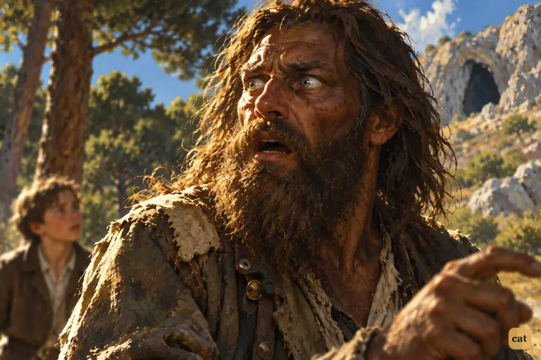 Close-up of the islander's face turned to stone with terror at Flint's men
