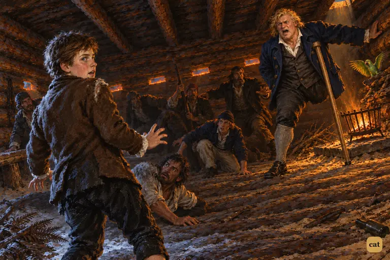 Jim steps into the dark log-house and finds it full of mutineers.