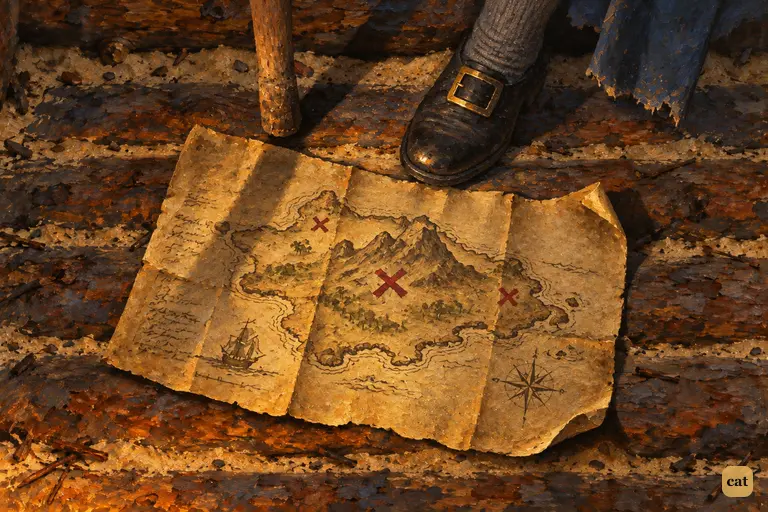 Flint's yellow chart with three red crosses lies on the floor by Long John Silver's shoe
