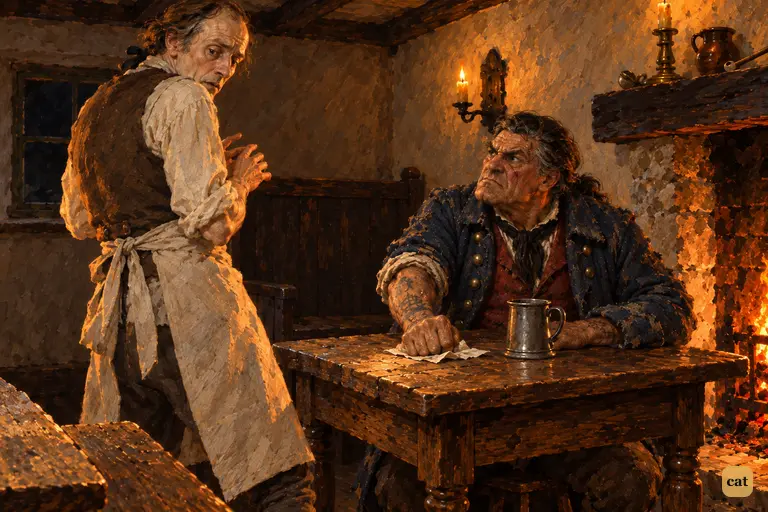 The landlord backs out of the parlour as the captain's fist pins the bill to the table