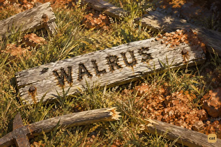 A weathered board at the bottom of the old pit bears WALRUS, the name of Flint's ship