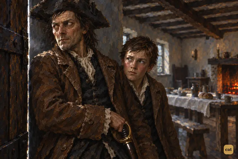 Black Dog holds Jim back behind the open door, his cutlass hilt cleared, both listening