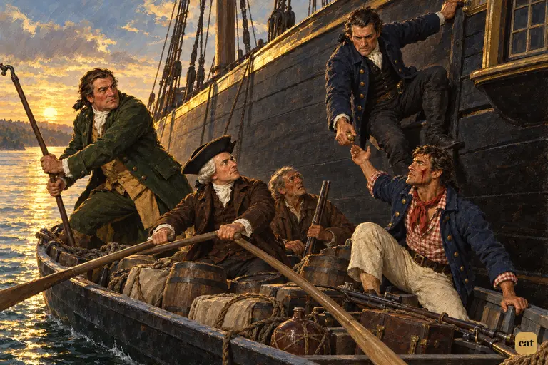Captain Smollett climbs into the overloaded boat as the squire pushes off
