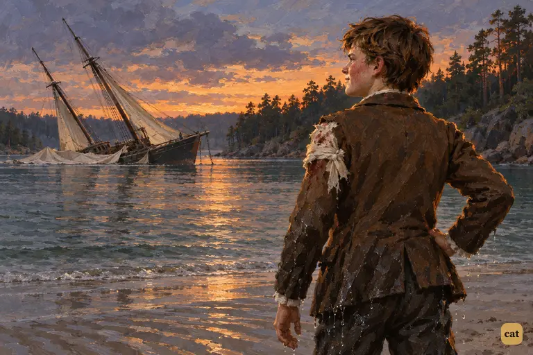 At dusk Jim Hawkins looks back from North Inlet's sand at the heeled-over HISPANIOLA