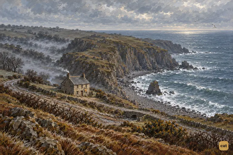 The grey stone Admiral Benbow stands alone between the coast road and the cold sea