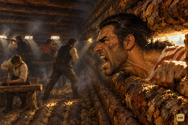 Job Anderson, the boatswain, shoves his head into the middle loophole of the block house