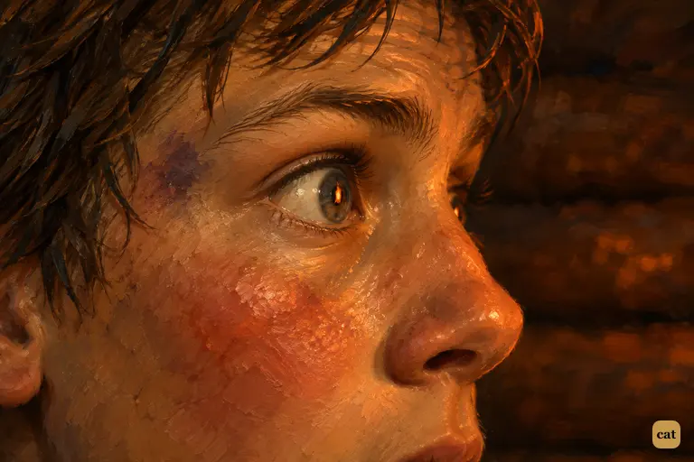 In the torchlit blockhouse, Jim's wide grey eye answers Silver's question about the chart
