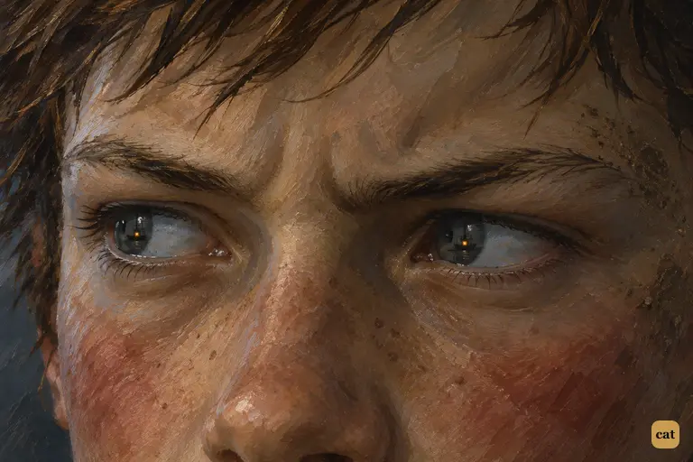 Jim's grey eyes reflect the distant Hispaniola as he plans to cut her adrift