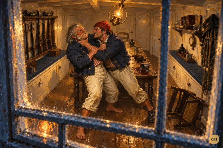 Through the stern window, Jim sees Israel Hands and the red-cap fighting by the lamp