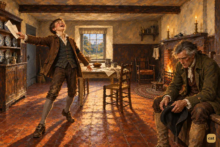 Jim leaps up laughing at the letter; Tom Redruth sinks onto a chest, crumpling his hat