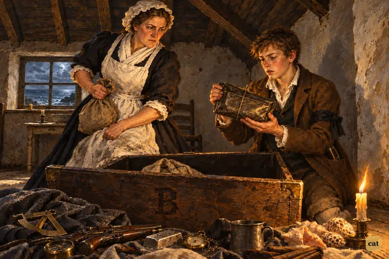 Jim lifts the oilskin packet from the dead captain's chest as his mother stares