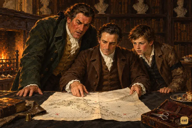 The doctor flattens Flint's island map as the squire leans in and Jim stretches across