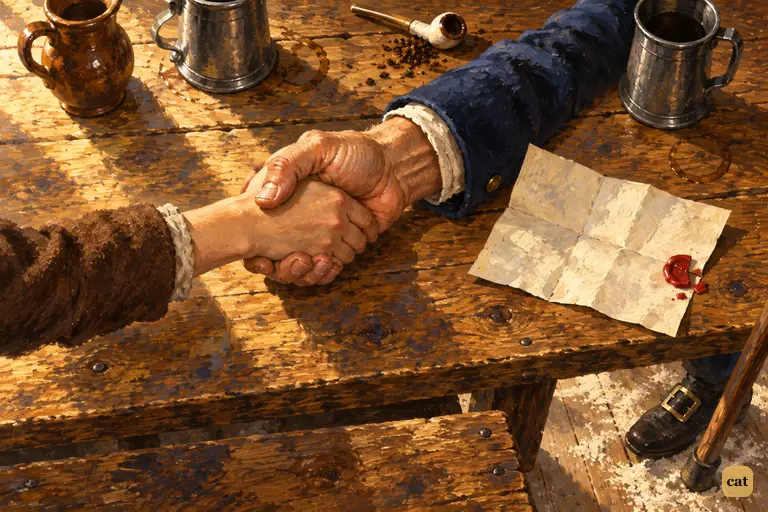 The landlord's broad pale hand closes over the boy's beside the squire's unfolded note