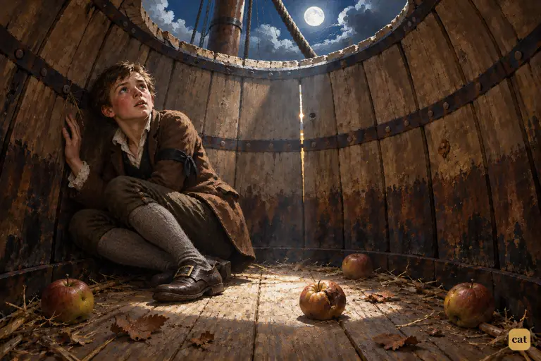Huddled in the apple barrel, Jim Hawkins lifts his face into a cold shaft of moonlight