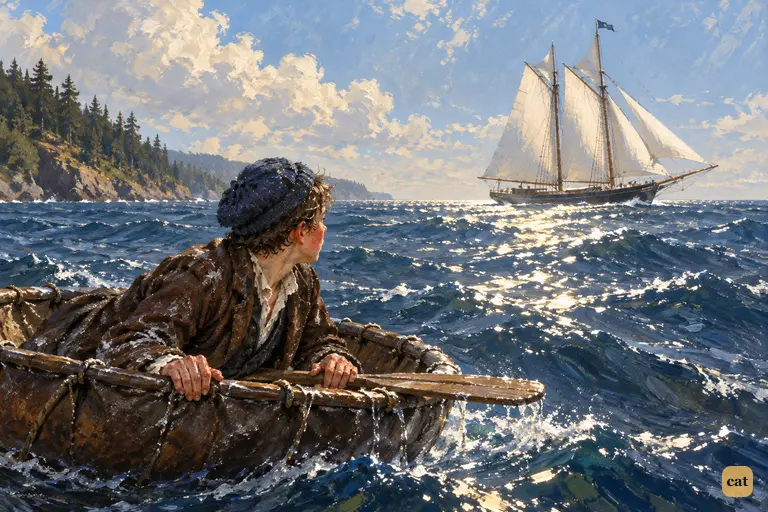 Parched and salt-caked, Jim stares from his coracle at the Hispaniola under white sail