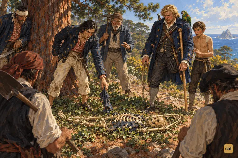 The treasure party stops at a big pine where a skeleton lies, arms pointing out to sea