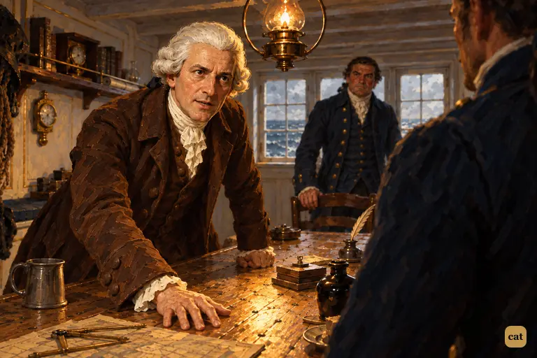 Doctor Livesey rises in the locked cabin, palm on the table, and names the fear of mutiny