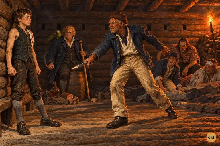 Old Tom Morgan draws his knife and lunges at Jim Hawkins, whose back is to the wall
