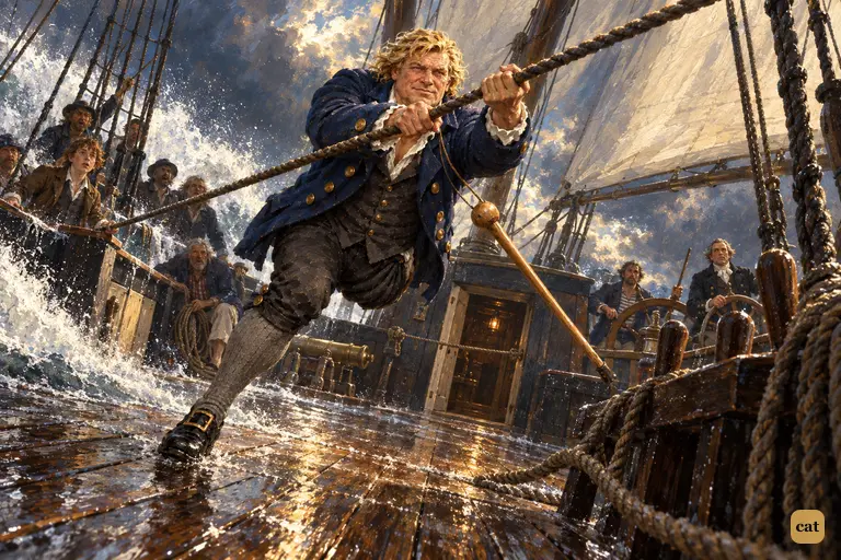 The one-legged cook hands himself across the flooded waist as seamen look on, admiring