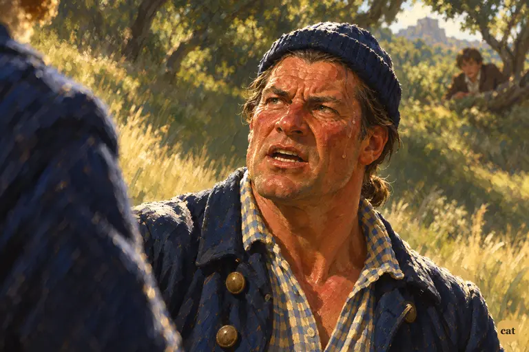 Tom, crimson with heat and fear, swears to Long John he will keep to his duty