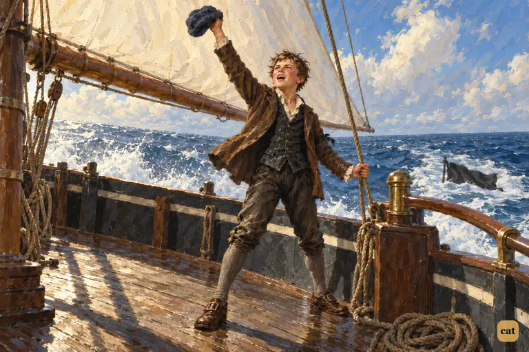 Jim has struck the pirates' black flag and thrown it overboard.