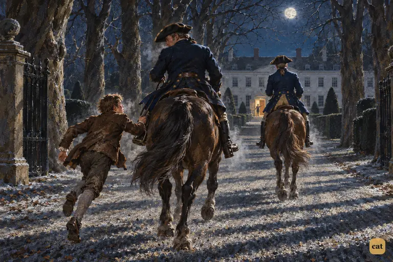 Jim runs at Dogger's stirrup up the moonlit avenue toward the hall's glowing open door