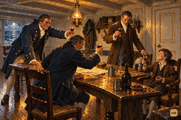 The squire, the doctor and the captain bow over raised glasses to the ship's boy
