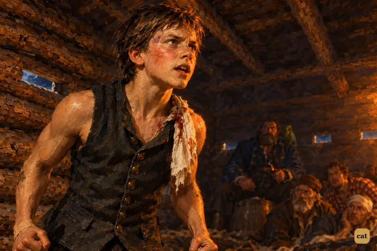 In red torchlight, Jim Hawkins tells the buccaneers he has beaten them from the first