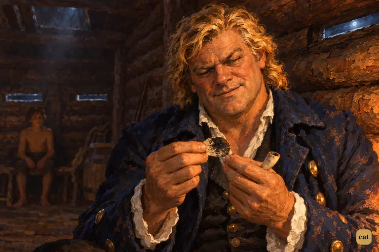 By red torchlight, Long John Silver turns the black spot over with dry contempt