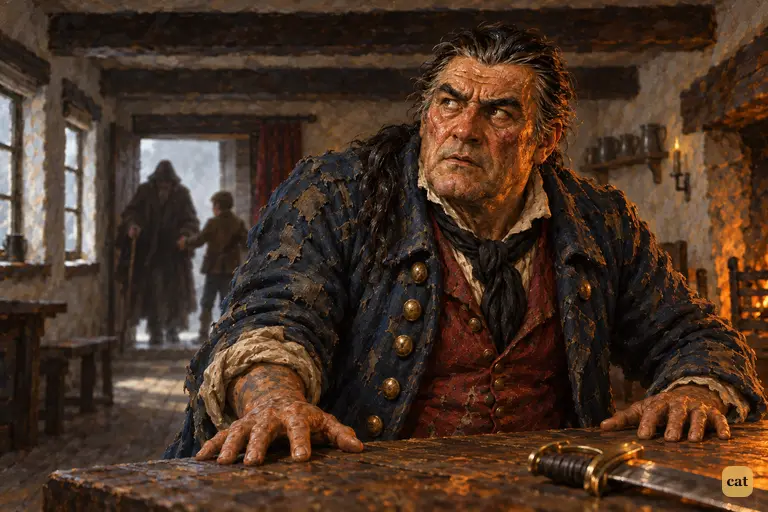 The captain looks to the door, his face turned grey and sober in the glow of the coals