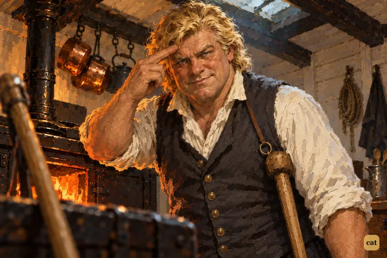 By the galley range, Long John Silver gravely touches his forelock in salute to the boy