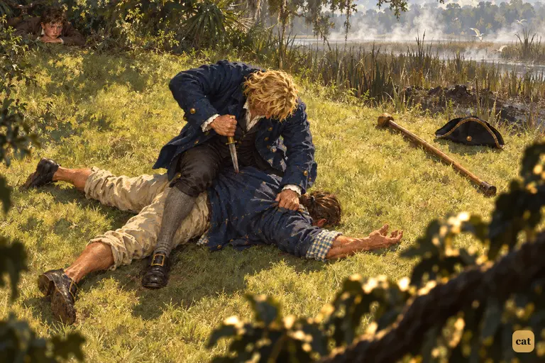The one-legged sea-cook stabs the fallen sailor again as a boy watches from above