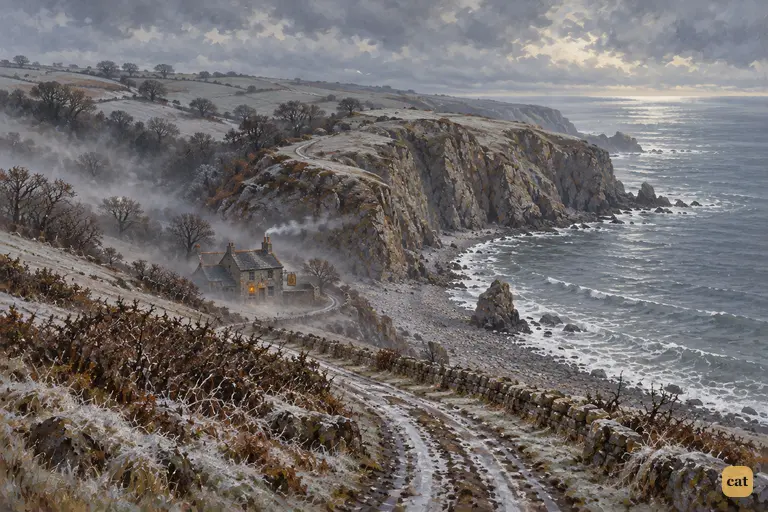 The lonely Admiral Benbow lies in January sea fog, a single warm window glowing