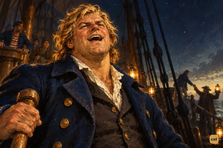 Lit by lanterns, Long John Silver throws back his head and strikes up the old song