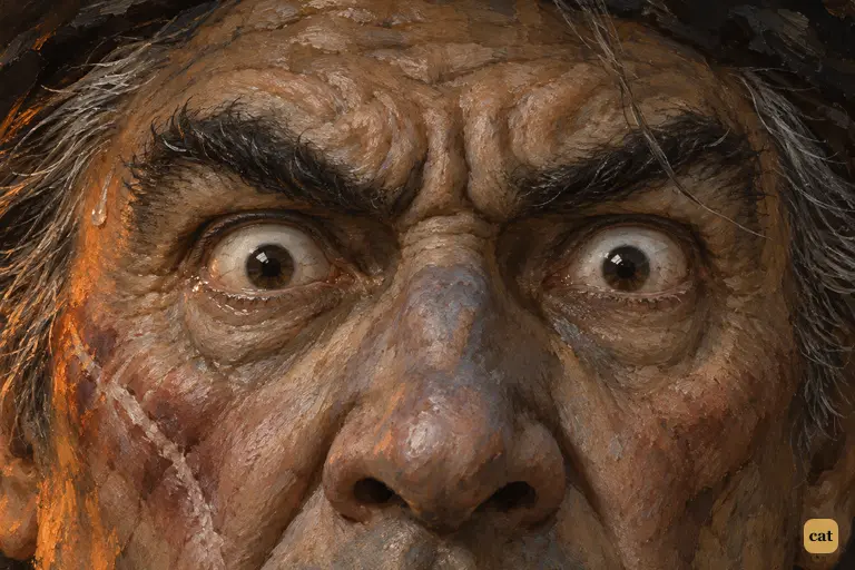 Extreme close-up of Billy Bones's eyes, ringed with fear, a tear on the lower lid