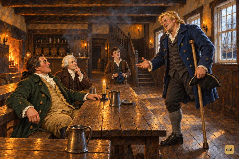 In a smoky tavern, the one-legged cook tells his story to the squire, the doctor and Jim