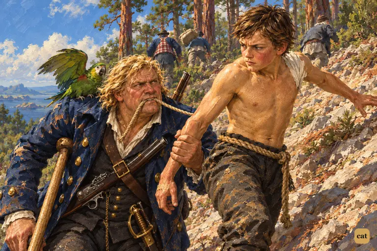 Tied on Silver's rope, Jim grips the cook's forearm so Silver doesn't slide back