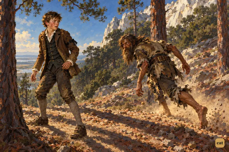 Jim freezes among the pines as a shaggy figure circles to cut off his way to the boats