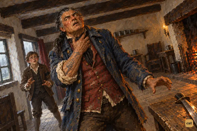 Billy Bones staggers, hand at his throat, eyes rolled up, just before he falls