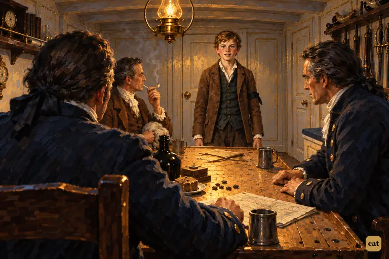 Jim tells the squire, the captain and Doctor Livesey all of Silver's overheard talk