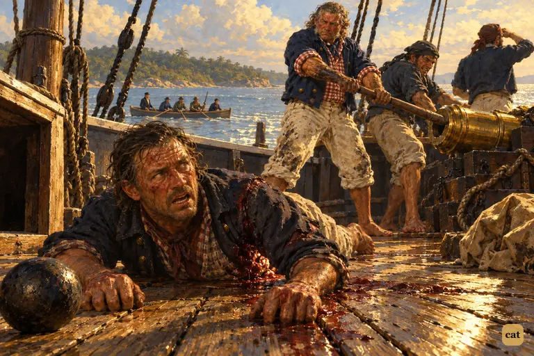 A wounded pirate crawls across the deck as Israel Hands and his mates tend the gun