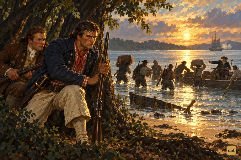 Gray and Hunter watch from the trees as mutineers wade their last stores to a gig