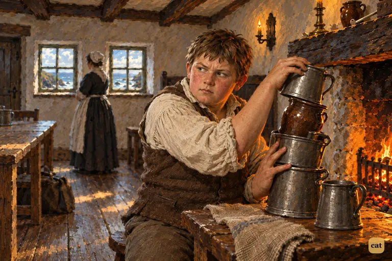 In the Admiral Benbow parlour, a clumsy apprentice stacks pewter pots, eyeing Jim warily