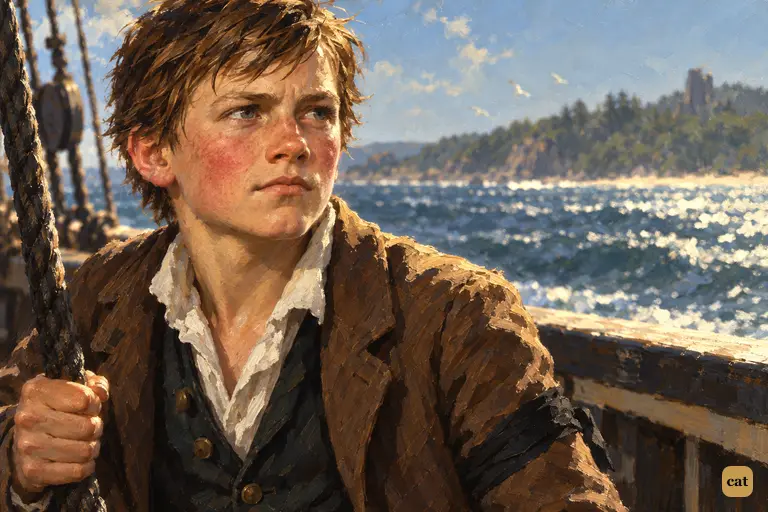 Jim, at the backstay, sees Treasure Island's low grey shore for the first time