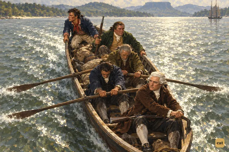The overloaded jolly-boat heads due east across the ebb, her wake trailing west