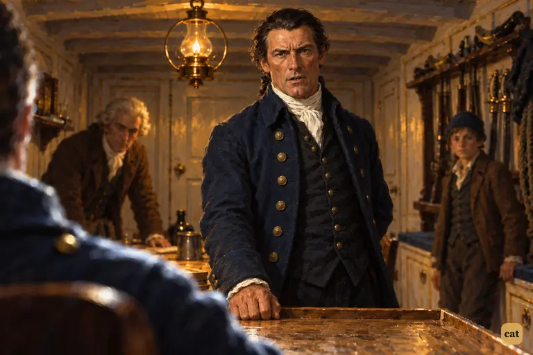 Under the low lamp, Captain Smollett reproaches the squire: the secret has been blabbed